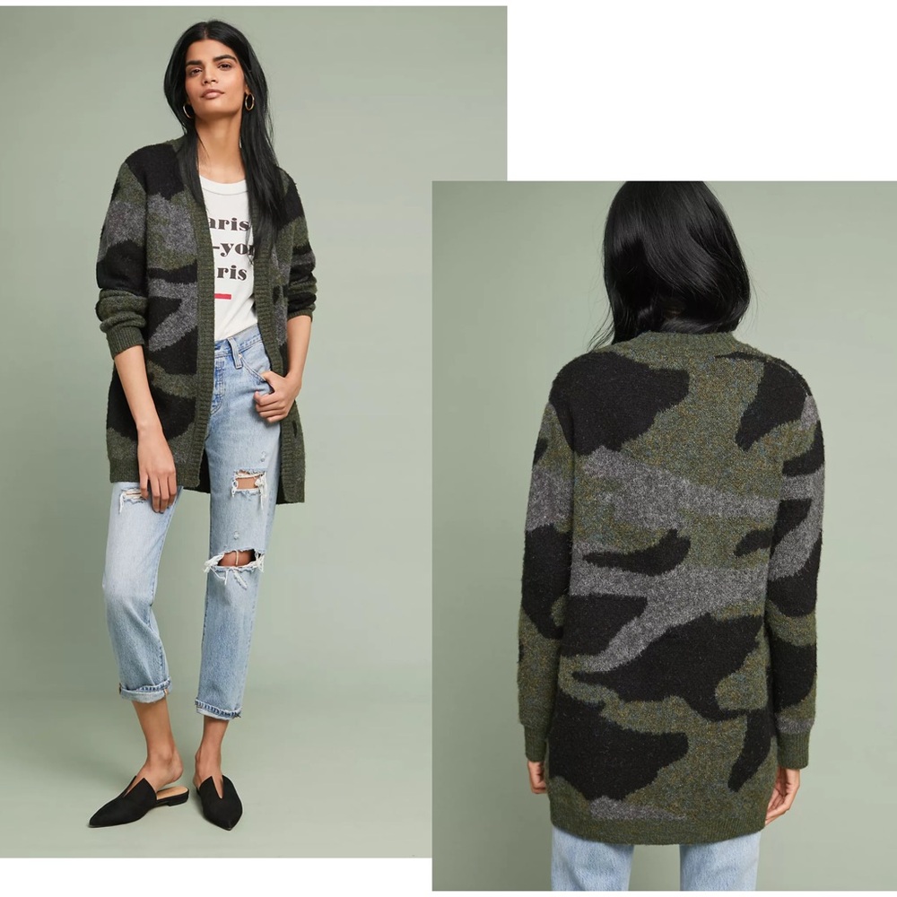 MOTH ANTHROPOLOGIE Green Camo Long Sleeve Open Front Cardigan M - Picture 1 of 13